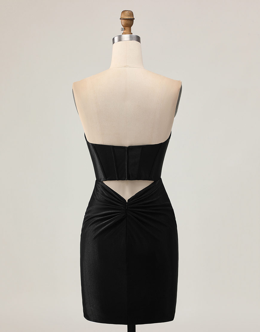 Black Strapless Satin Short Corset Tight Homecoming Dress with Beading