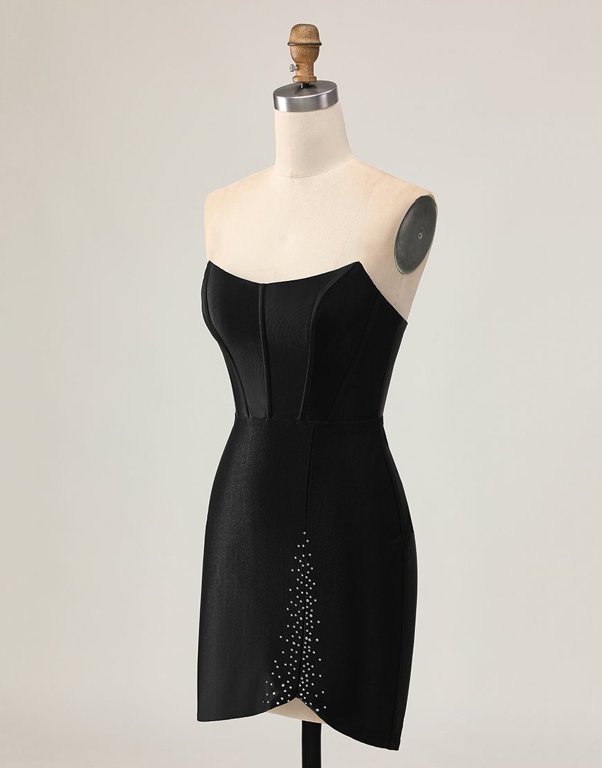 Black Strapless Satin Short Corset Tight Homecoming Dress with Beading