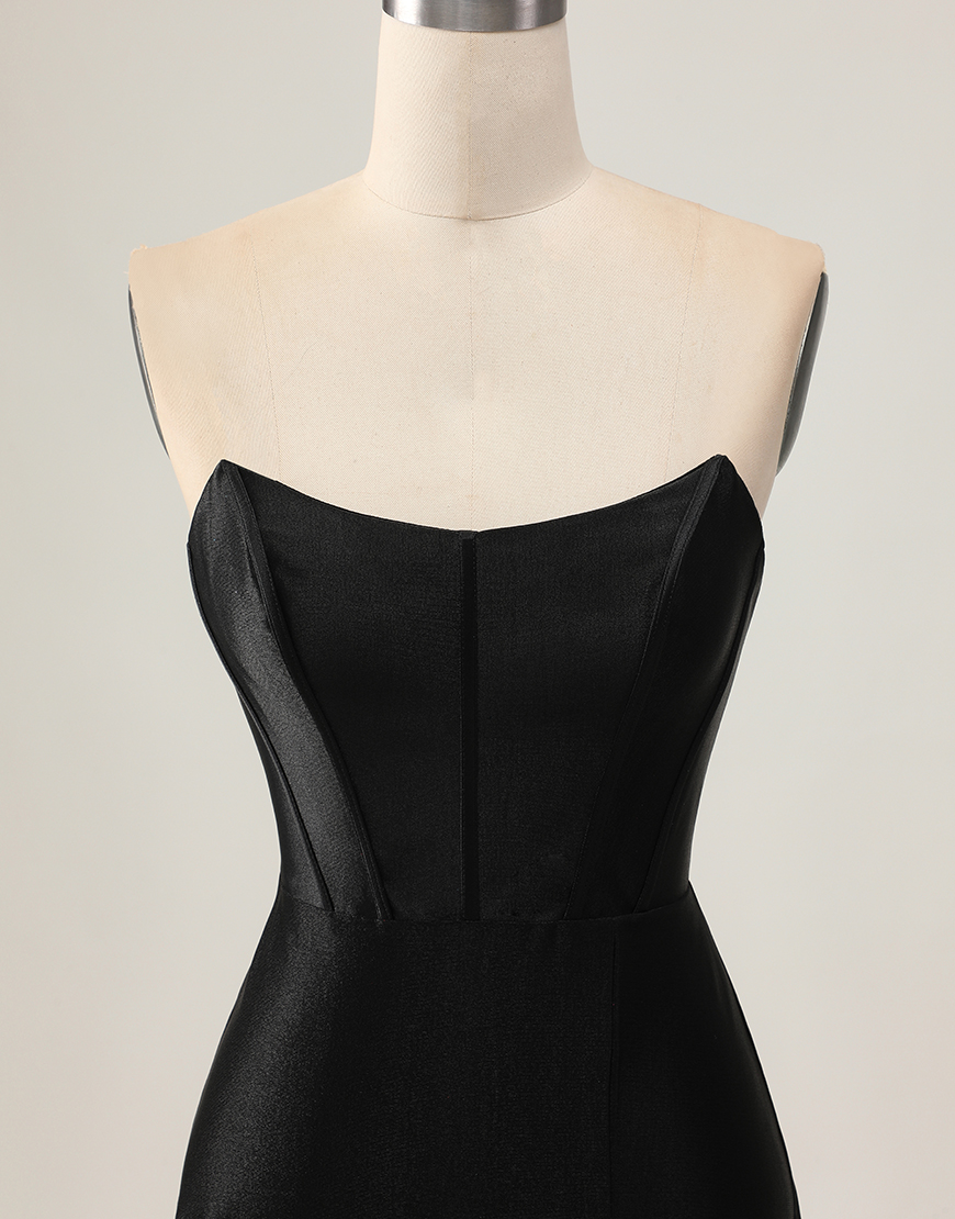 Black Strapless Satin Short Corset Tight Homecoming Dress with Beading