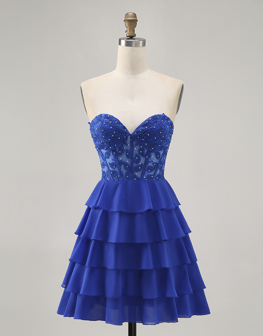 Royal Blue Sweetheart Ruffled Short Corset Homecoming Dress with Beading