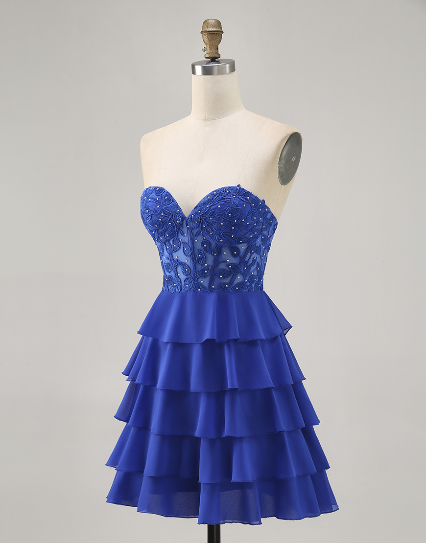 Royal Blue Sweetheart Ruffled Short Corset Homecoming Dress with Beading