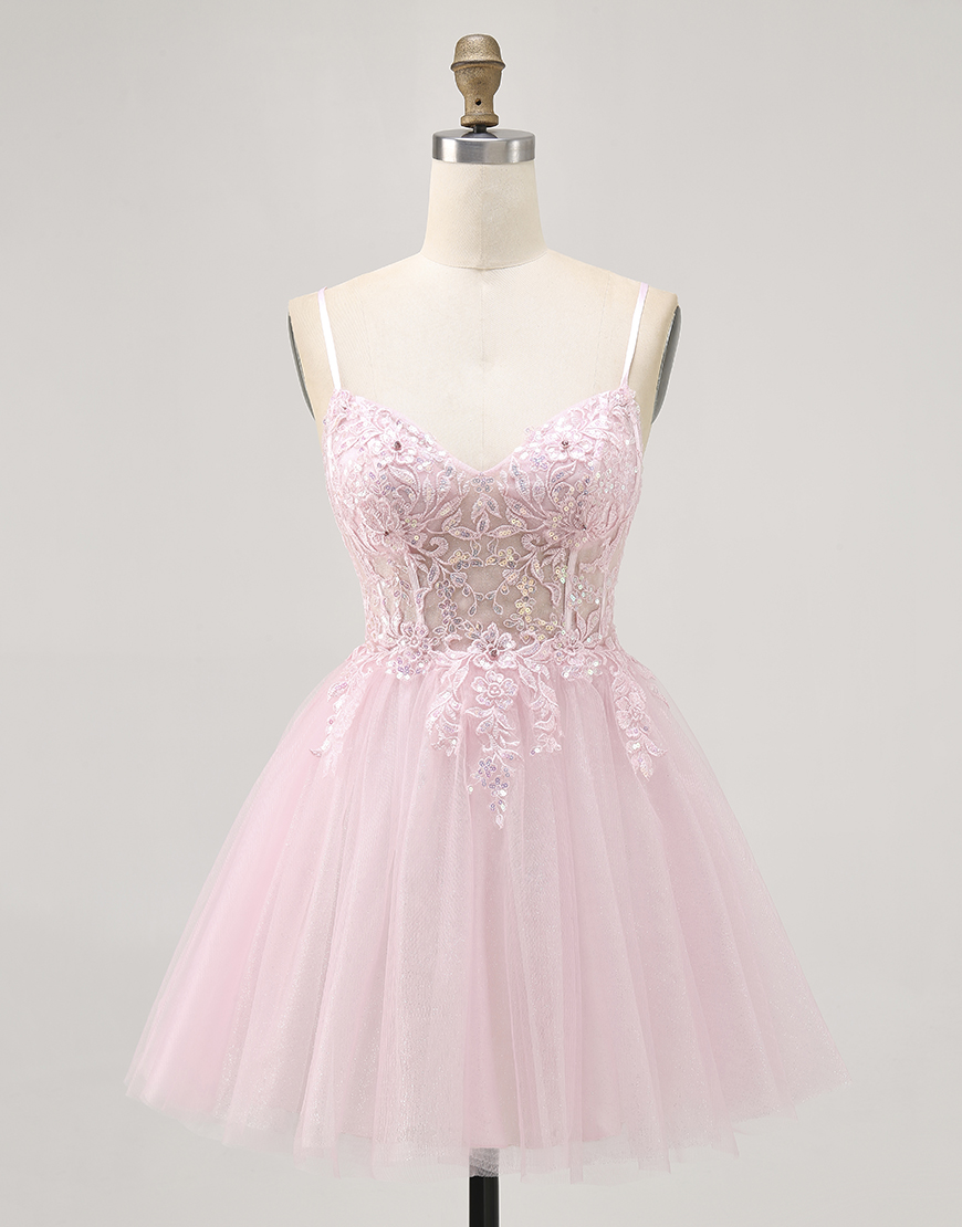 Sparkly Pink Corset Short A Line Homecoming Dress with Lace