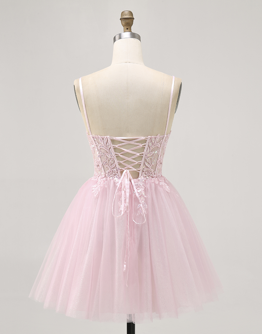 Sparkly Pink Corset Short A Line Homecoming Dress with Lace