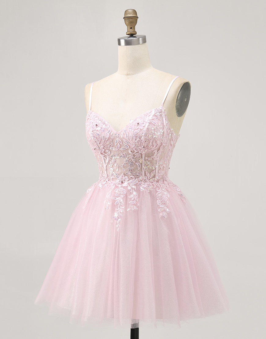 Sparkly Pink Corset Short A Line Homecoming Dress with Lace