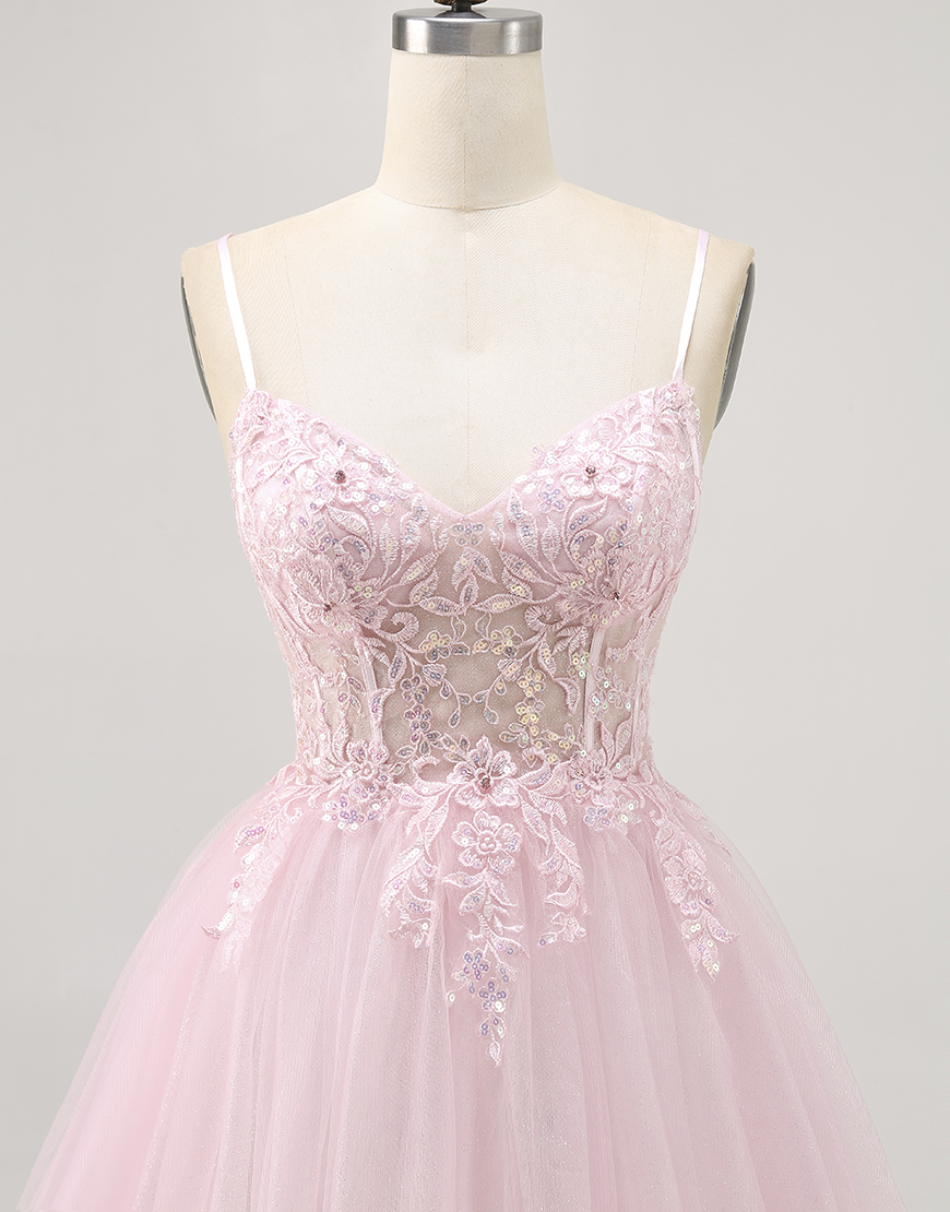 Sparkly Pink Corset Short A Line Homecoming Dress with Lace
