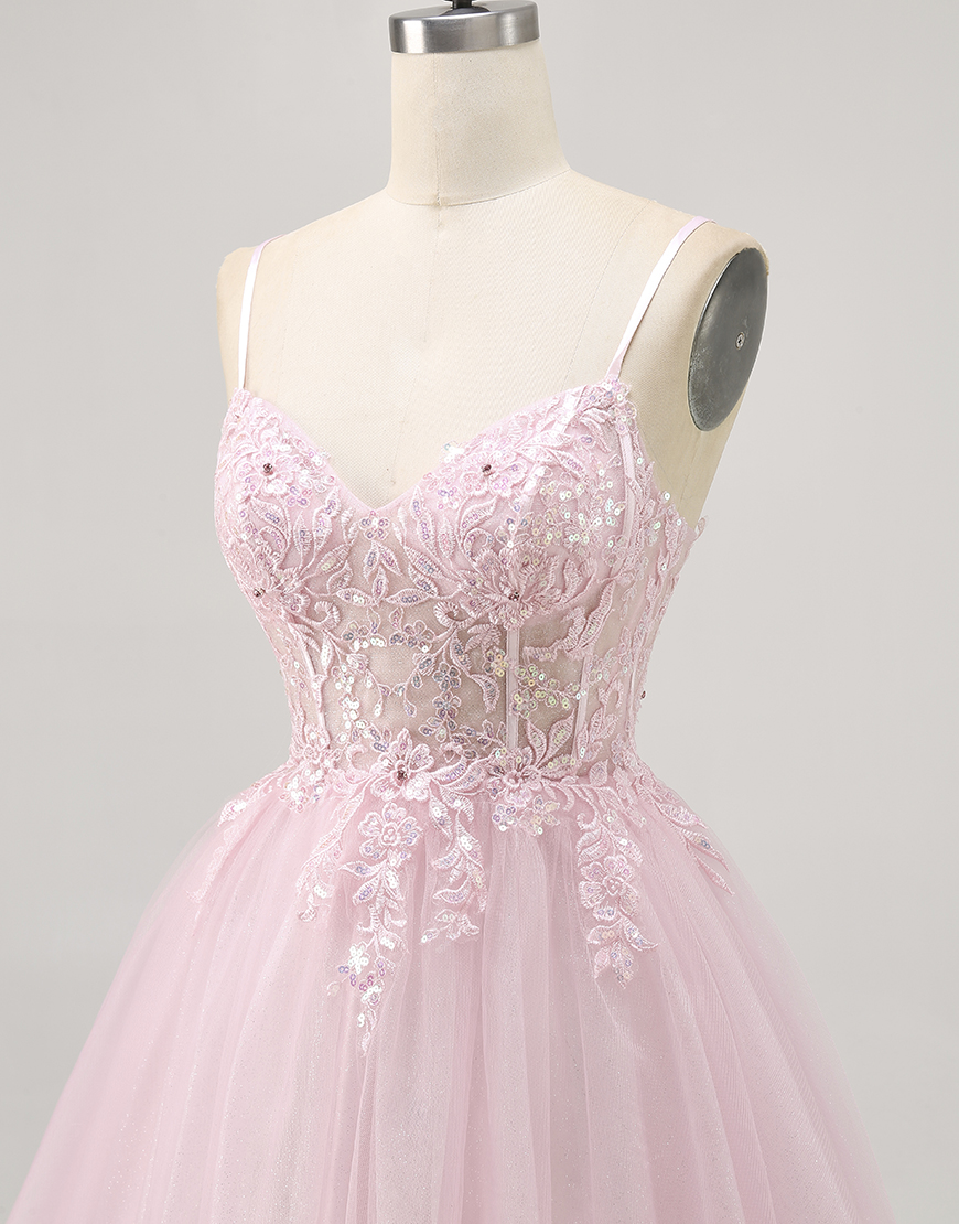 Sparkly Pink Corset Short A Line Homecoming Dress with Lace