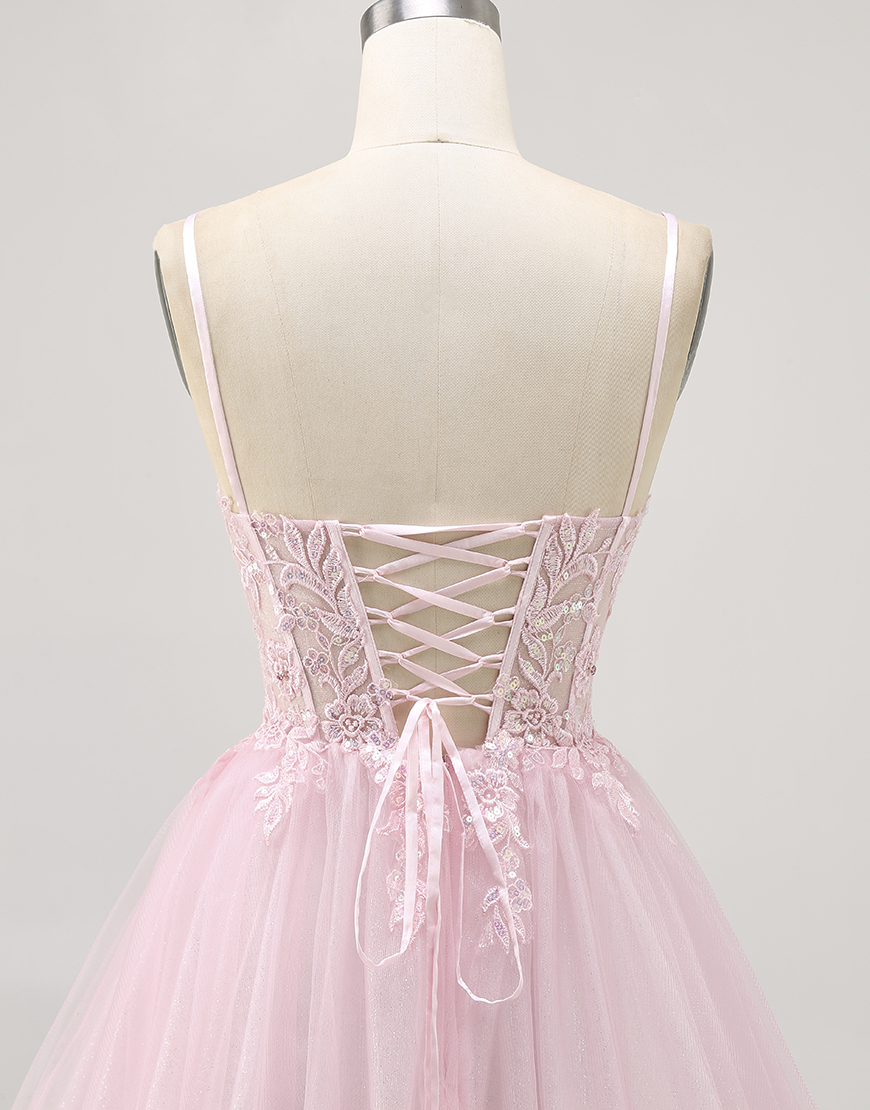 Sparkly Pink Corset Short A Line Homecoming Dress with Lace