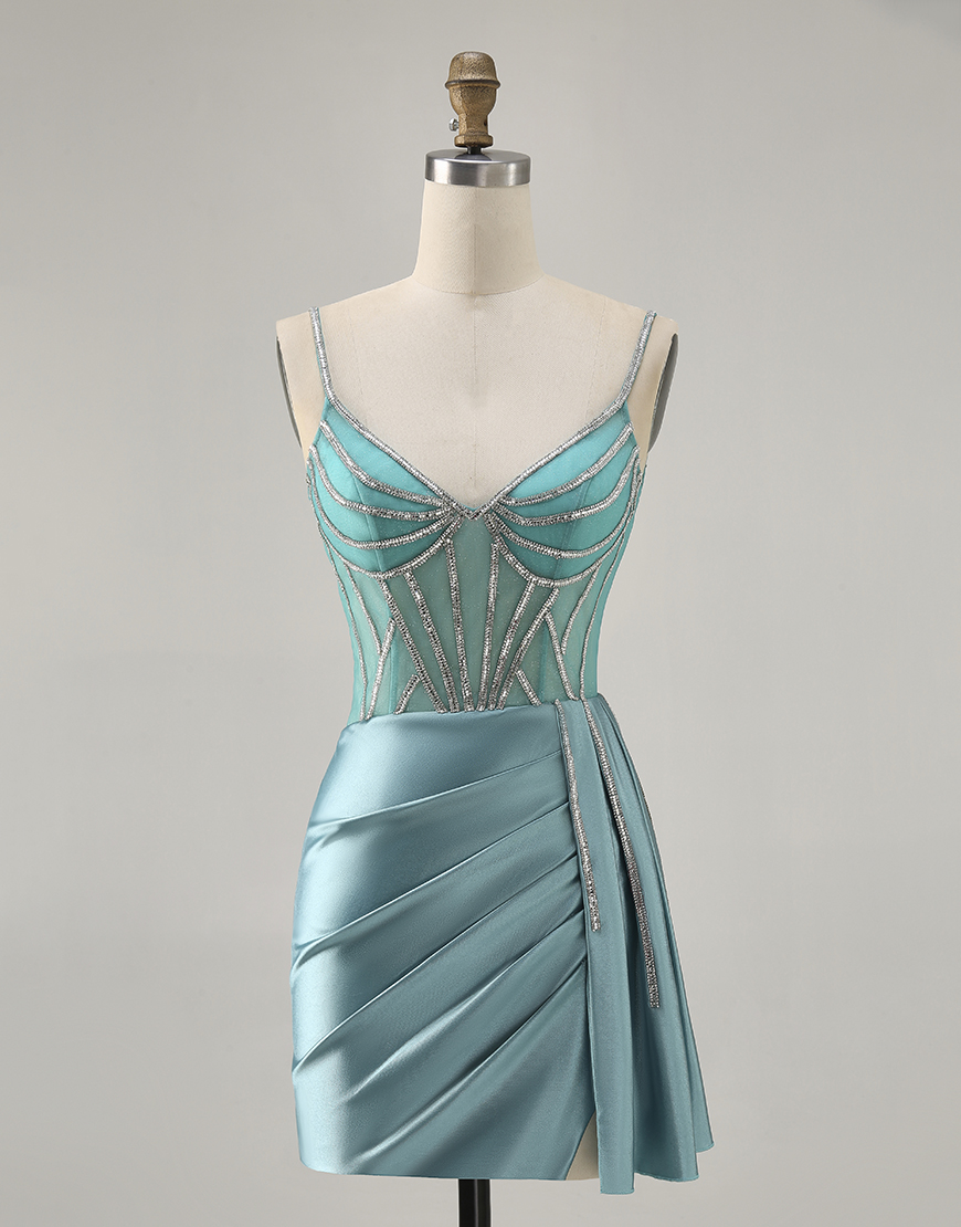 Berlinnova Women Sparkly Green Short Corset Homecoming Dress with Beading Satin Tight Spaghetti Straps Ruched Cocktail Dress with Side Cape