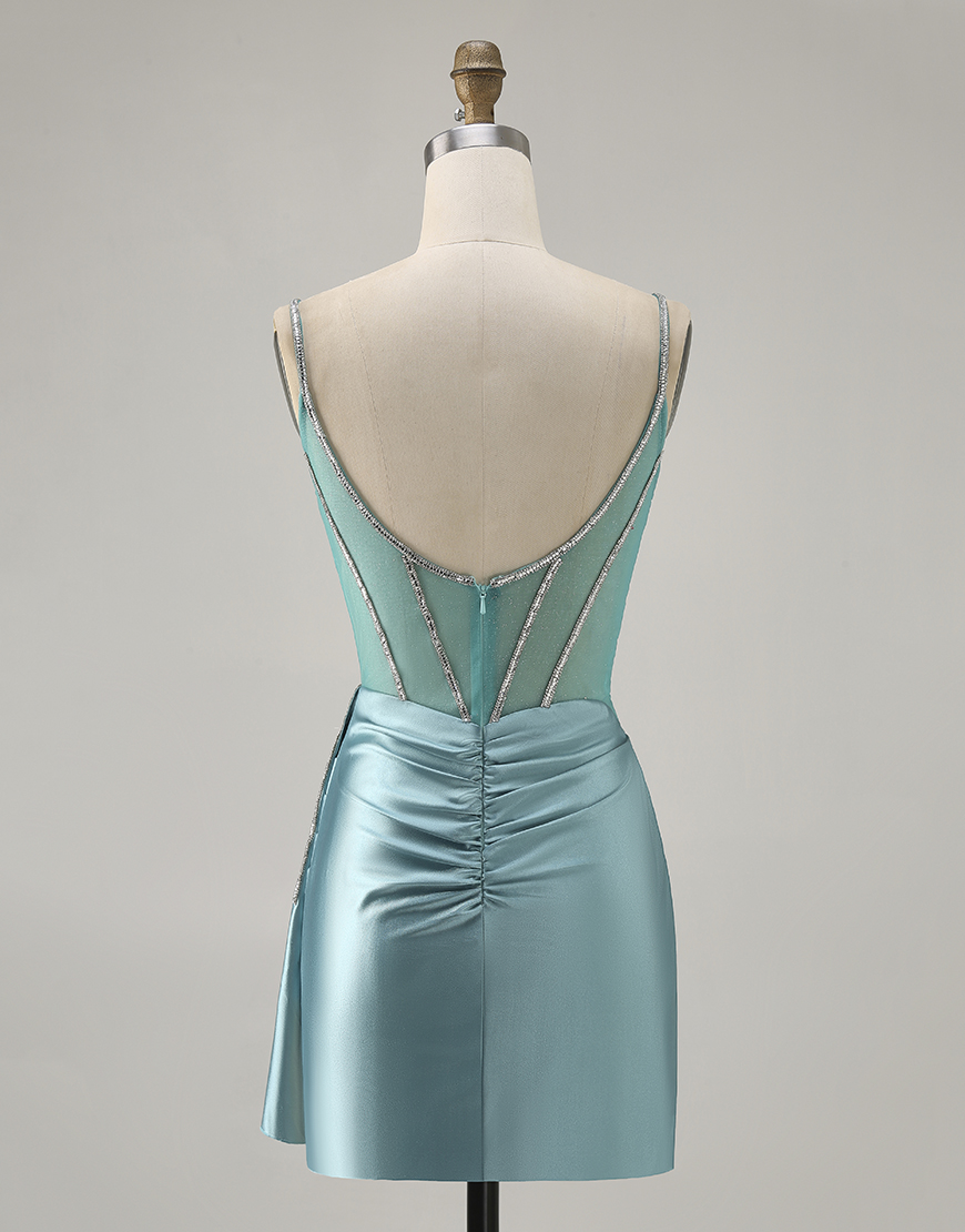 Sparkly Green Satin Tight Corset Short Homecoming Dress with Beading