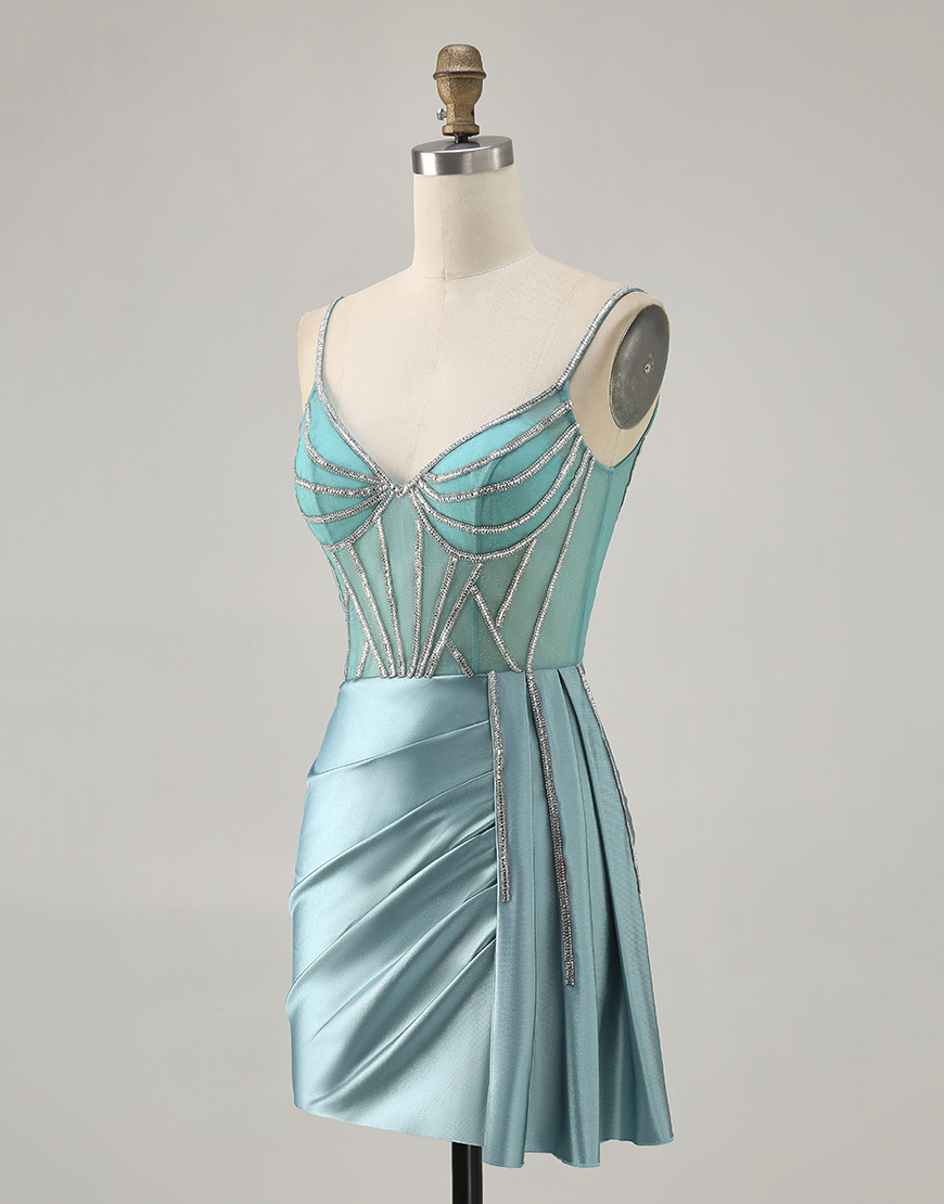 Sparkly Green Satin Tight Corset Short Homecoming Dress with Beading