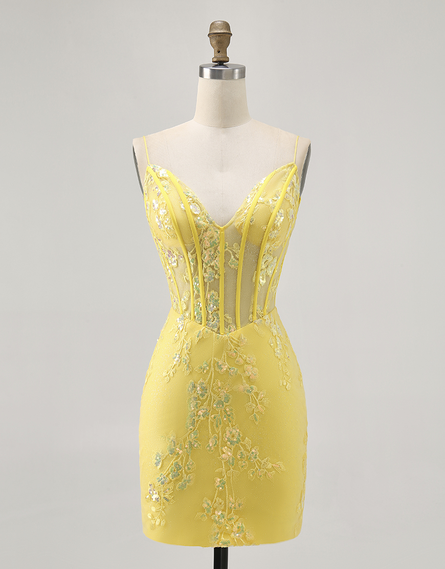 Sparkly Yellow Short Corset Floral Tight Homecoming Dress with Sequins