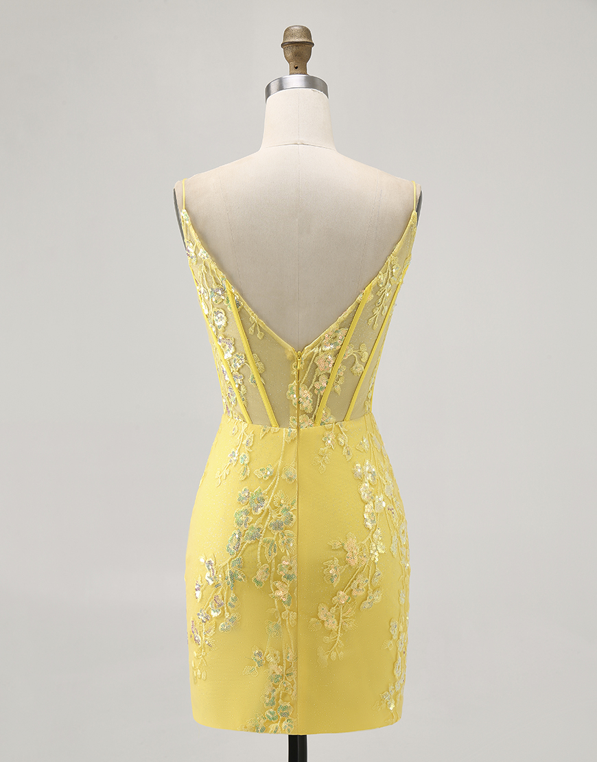 Sparkly Yellow Short Corset Floral Tight Homecoming Dress with Sequins