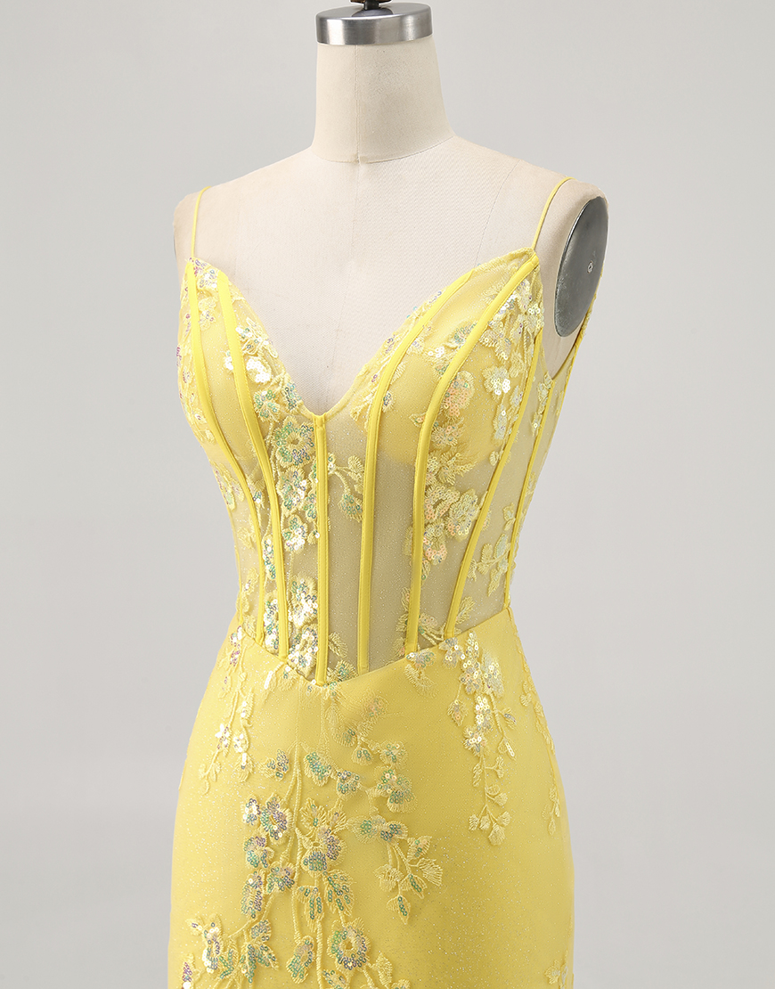 Sparkly Yellow Short Corset Floral Tight Homecoming Dress with Sequins