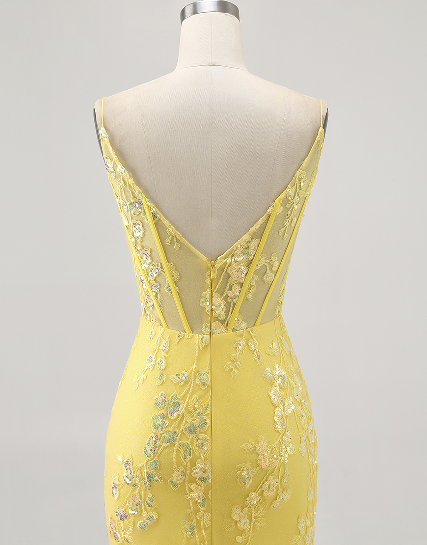 Sparkly Yellow Short Corset Floral Tight Homecoming Dress with Sequins