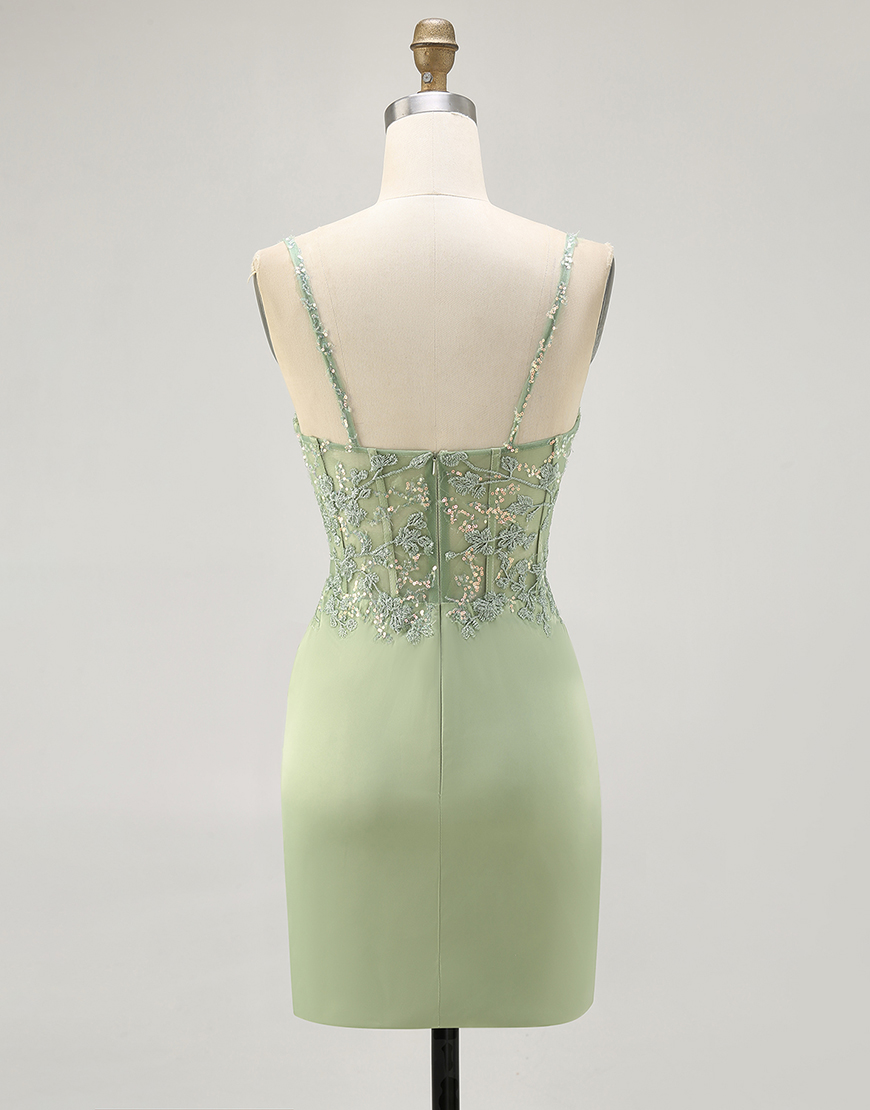 Matcha Spaghetti Straps Satin Short Corset Homecoming Dress with Appliques