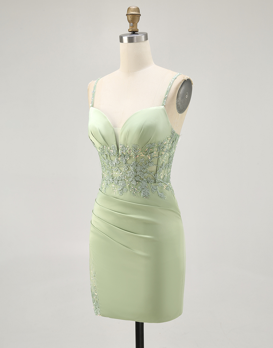 Matcha Spaghetti Straps Satin Short Corset Homecoming Dress with Appliques