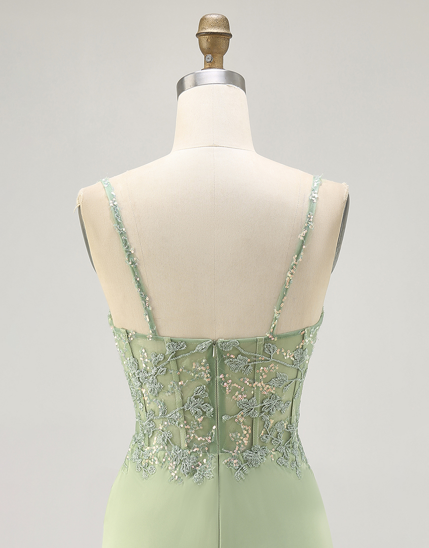 Matcha Spaghetti Straps Satin Short Corset Homecoming Dress with Appliques