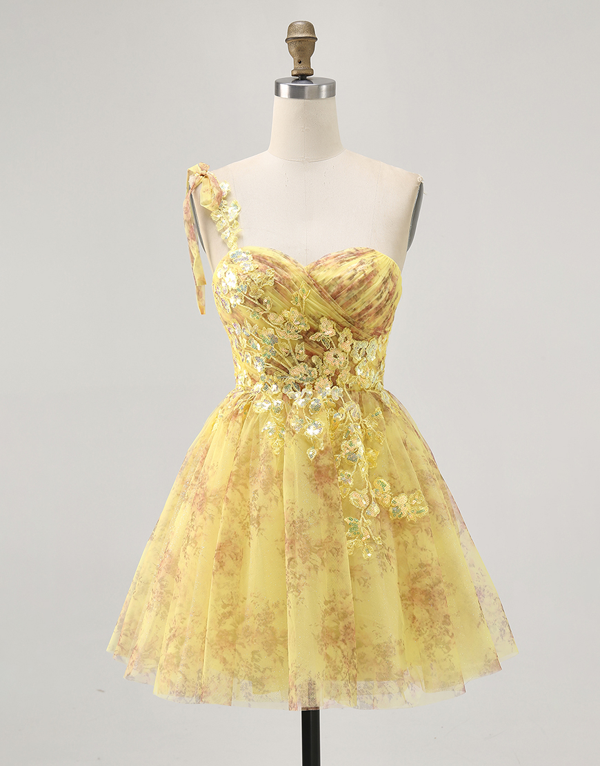 Sparkly Yellow Floral A Line One Shoulder Short Homecoming Dress with Bow