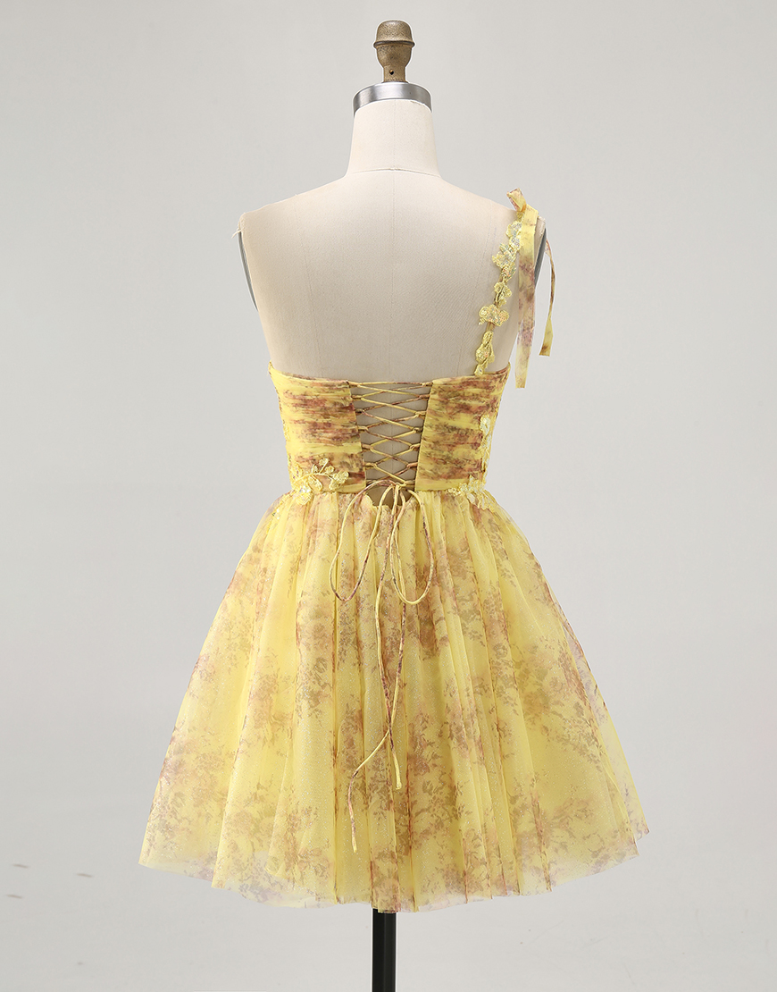 Sparkly Yellow Floral A Line One Shoulder Short Homecoming Dress with Bow