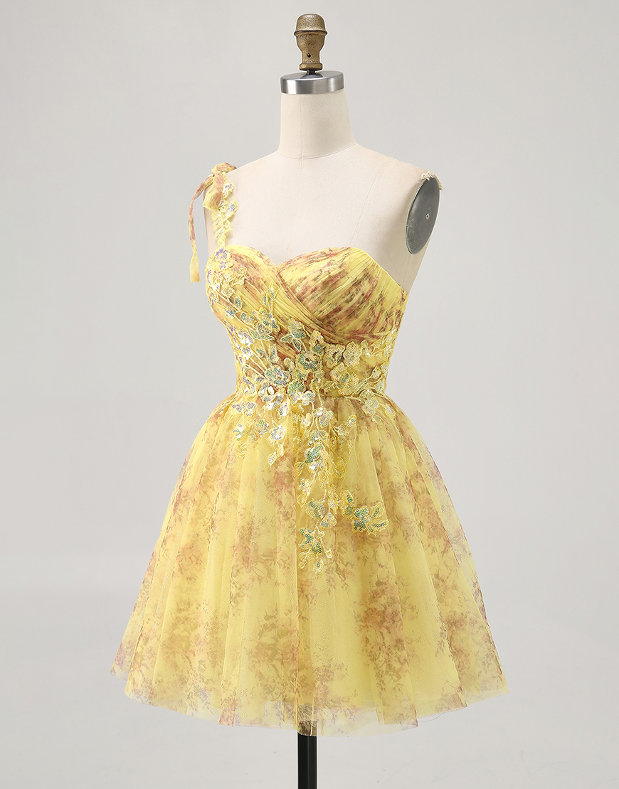Sparkly Yellow Floral A Line One Shoulder Short Homecoming Dress with Bow