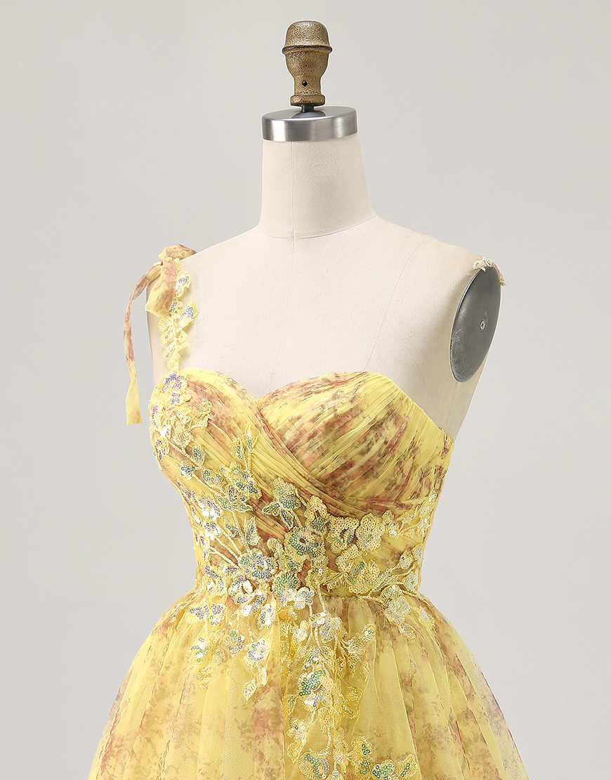 Sparkly Yellow Floral A Line One Shoulder Short Homecoming Dress with Bow