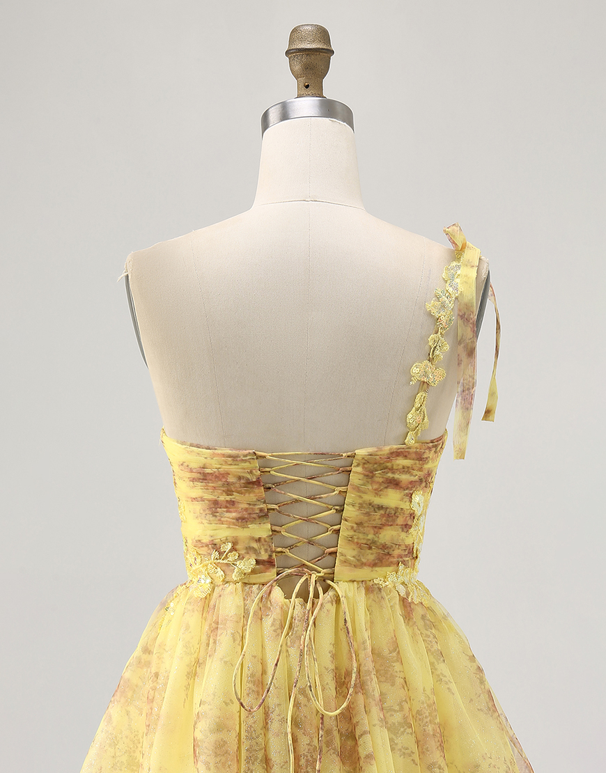 Sparkly Yellow Floral A Line One Shoulder Short Homecoming Dress with Bow