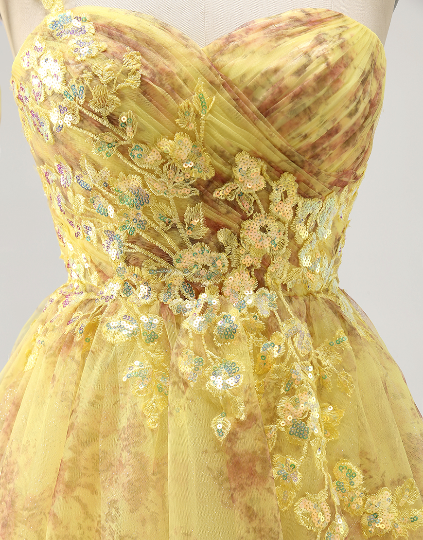 Sparkly Yellow Floral A Line One Shoulder Short Homecoming Dress with Bow