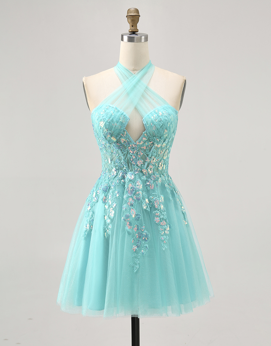 Sparkly Green A Line Halter Short Corset Homecoming Dress with Appliques