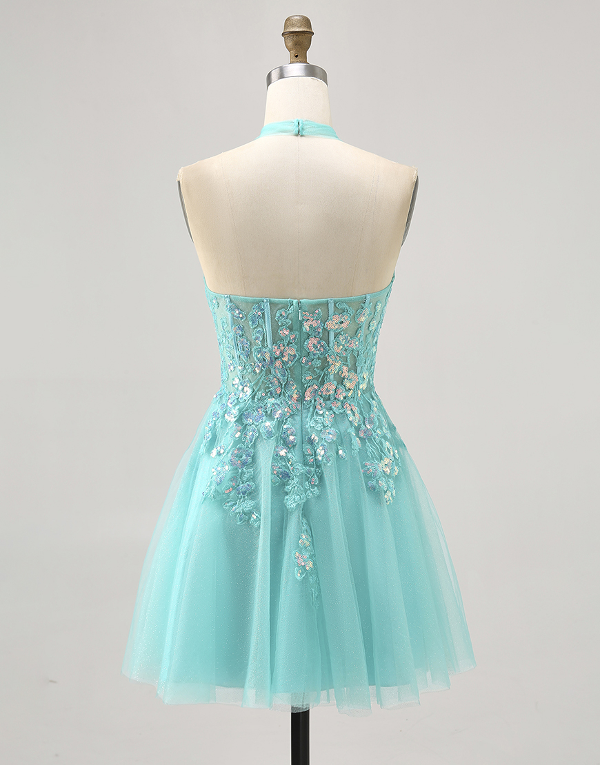 Sparkly Green A Line Halter Short Corset Homecoming Dress with Appliques