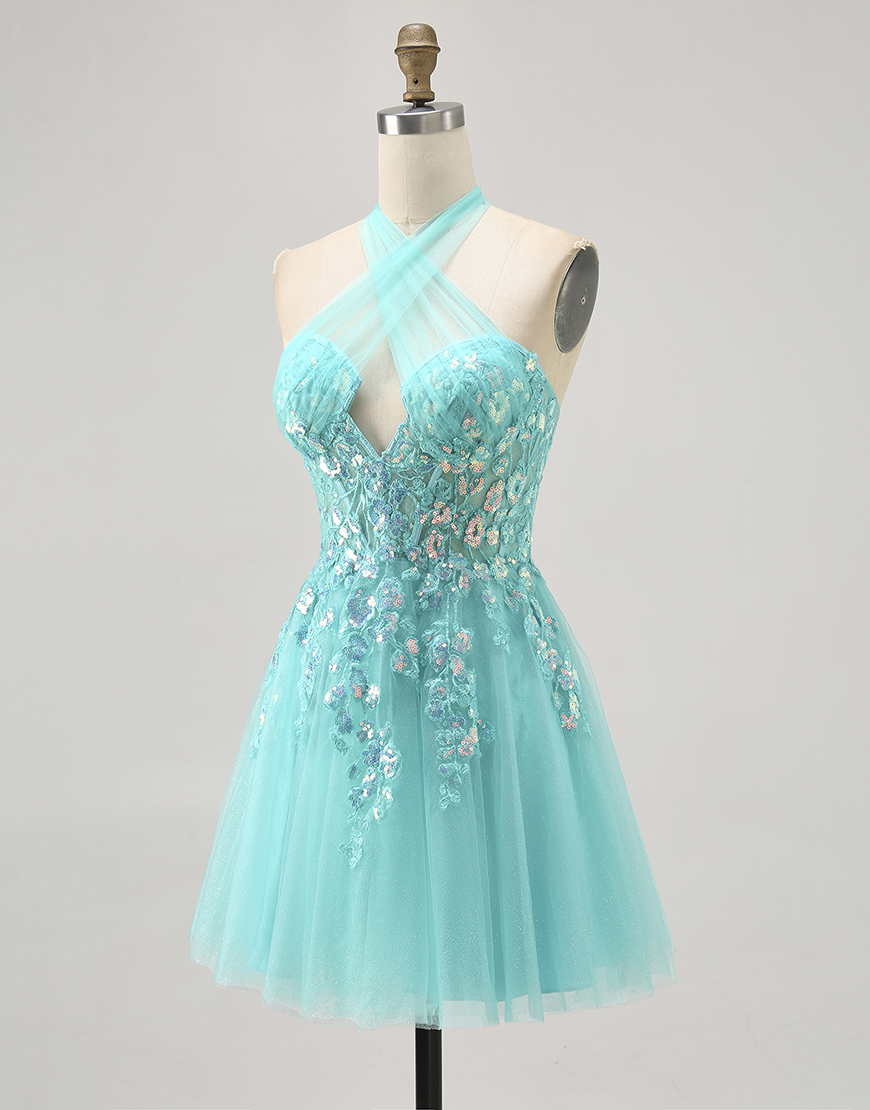 Sparkly Green A Line Halter Short Corset Homecoming Dress with Appliques