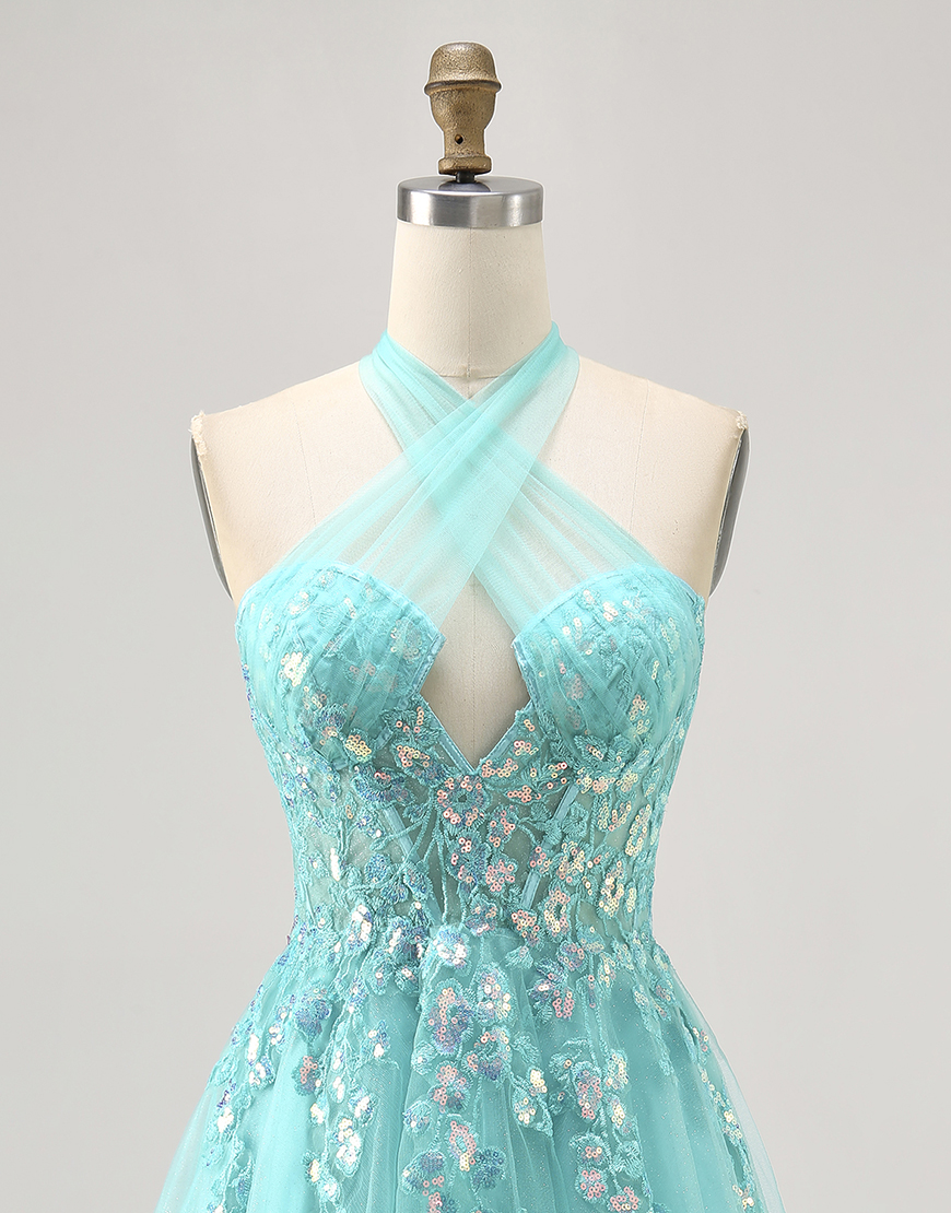 Sparkly Green A Line Halter Short Corset Homecoming Dress with Appliques