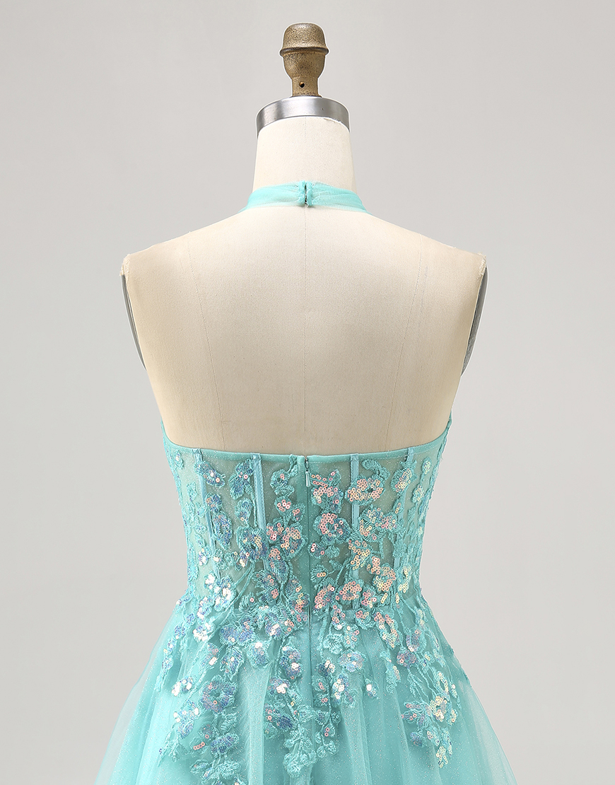 Sparkly Green A Line Halter Short Corset Homecoming Dress with Appliques