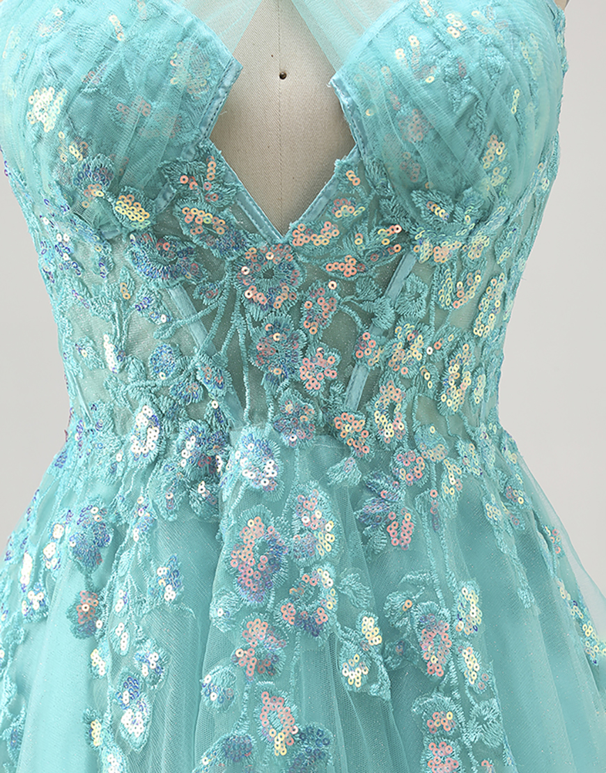 Sparkly Green A Line Halter Short Corset Homecoming Dress with Appliques