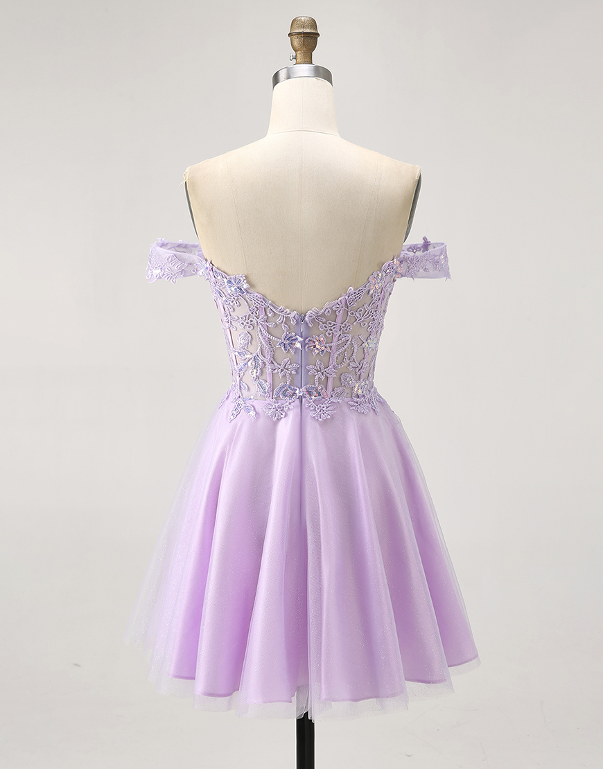Glitter Lilac Off the Shoulder A Line Short Corset Homecoming Dress with Appliques