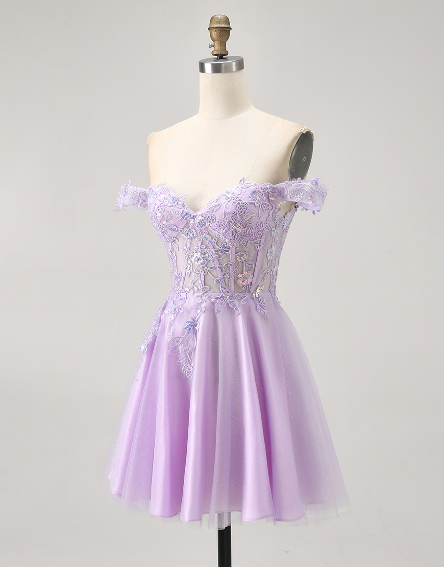 Glitter Lilac Off the Shoulder A Line Short Corset Homecoming Dress with Appliques