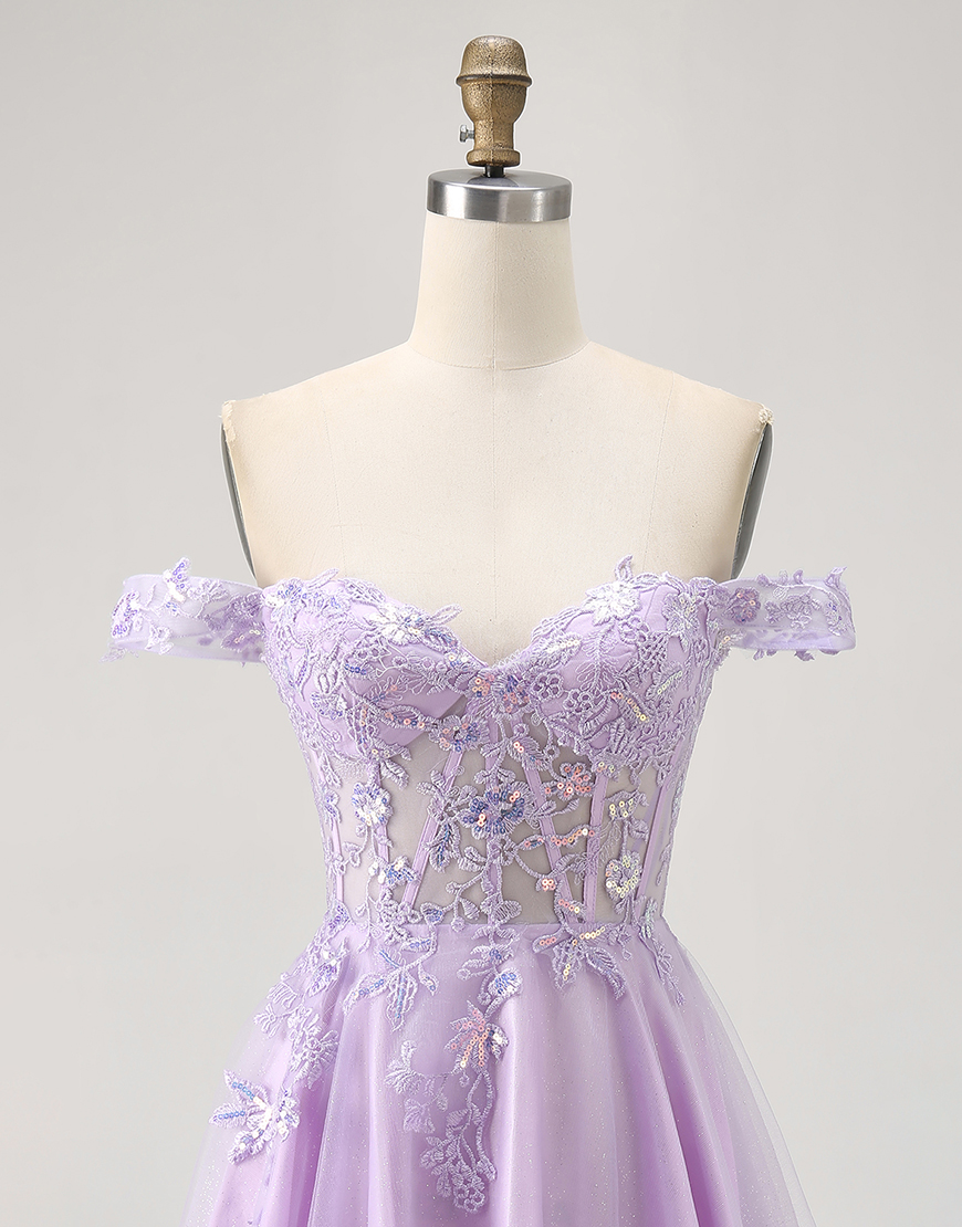 Glitter Lilac Off the Shoulder A Line Short Corset Homecoming Dress with Appliques