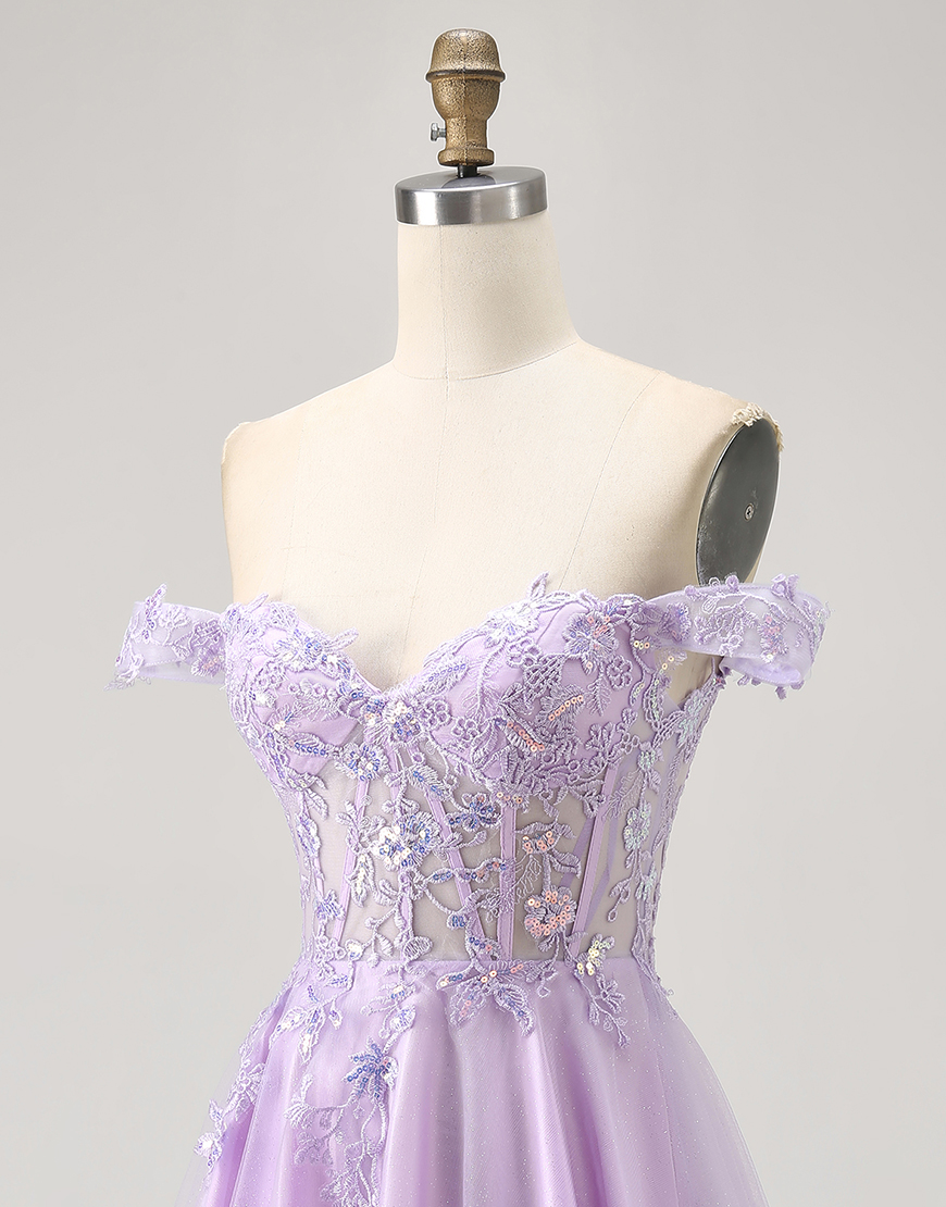 Glitter Lilac Off the Shoulder A Line Short Corset Homecoming Dress with Appliques