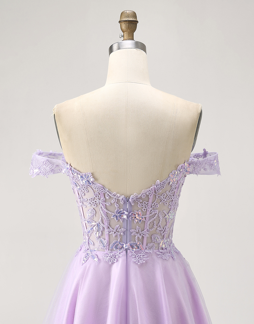 Glitter Lilac Off the Shoulder A Line Short Corset Homecoming Dress with Appliques