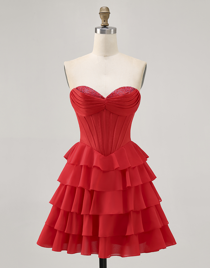 Sparkly Red Short Corset Tiered Homecoming Dress with Beading