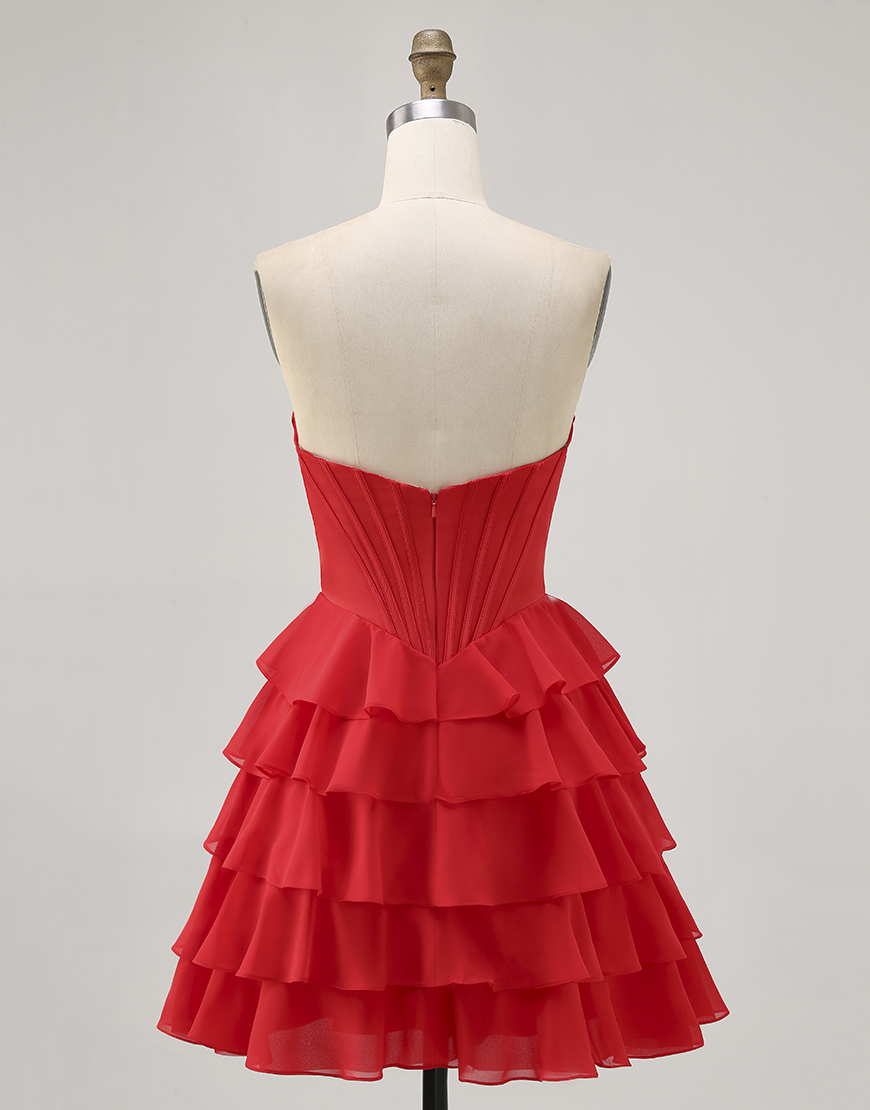 Sparkly Red Short Corset Tiered Homecoming Dress with Beading