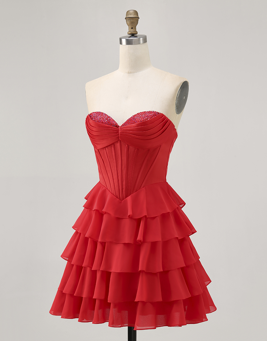 Sparkly Red Short Corset Tiered Homecoming Dress with Beading