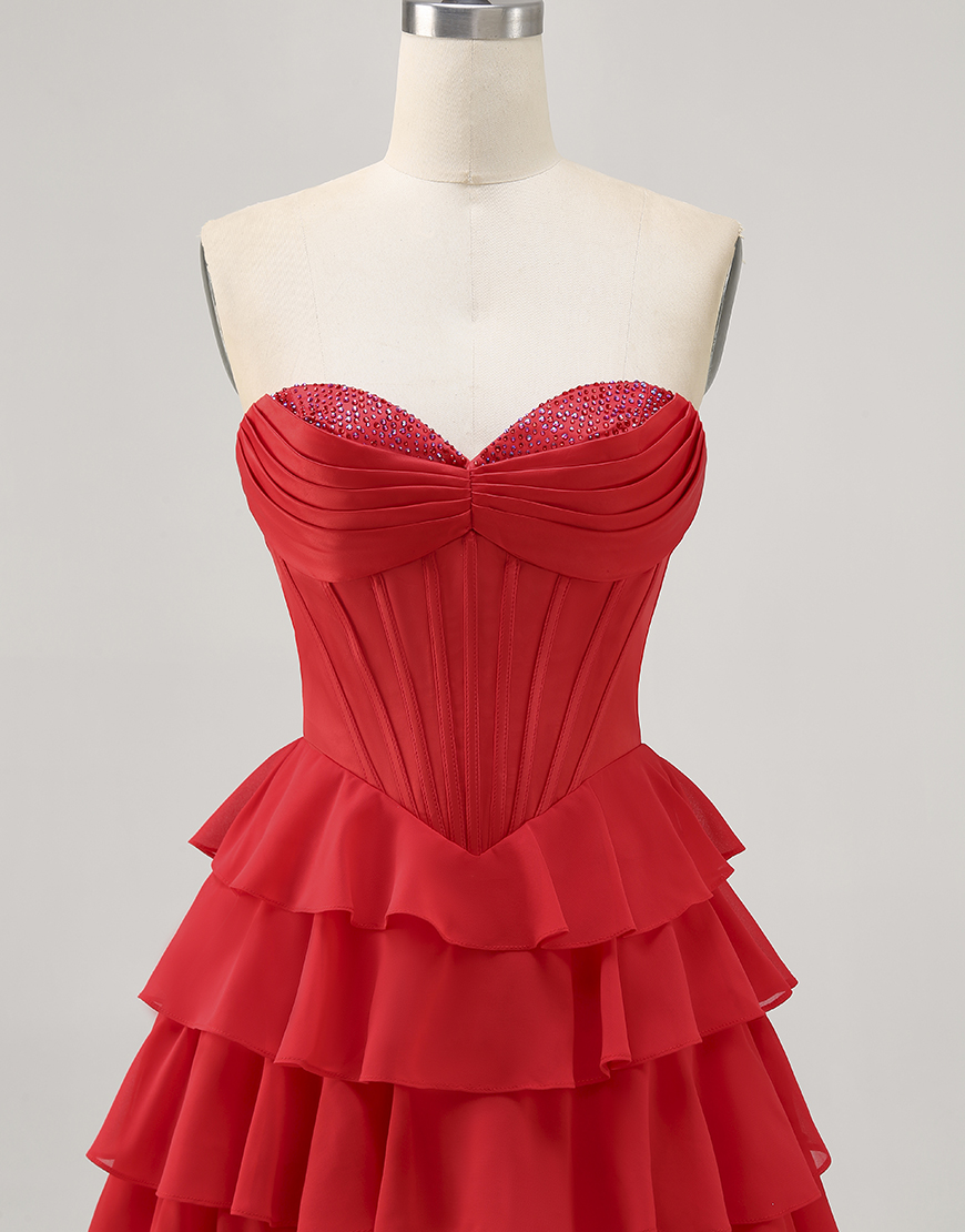 Sparkly Red Short Corset Tiered Homecoming Dress with Beading