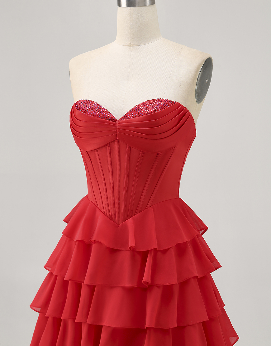 Sparkly Red Short Corset Tiered Homecoming Dress with Beading