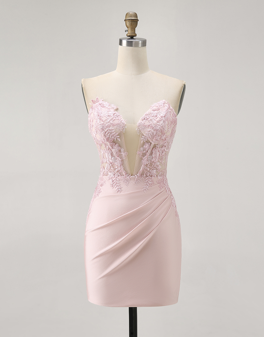 Blush Corset Satin Tight Floral Short Homecoming Dress with Lace