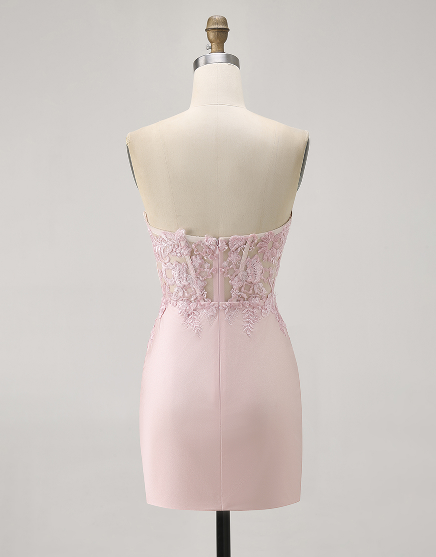 Blush Corset Satin Tight Floral Short Homecoming Dress with Lace