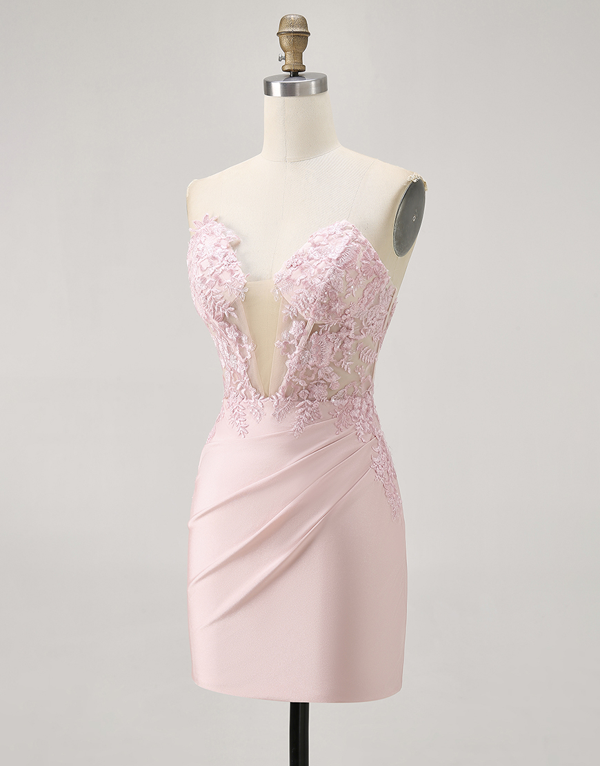 Blush Corset Satin Tight Floral Short Homecoming Dress with Lace