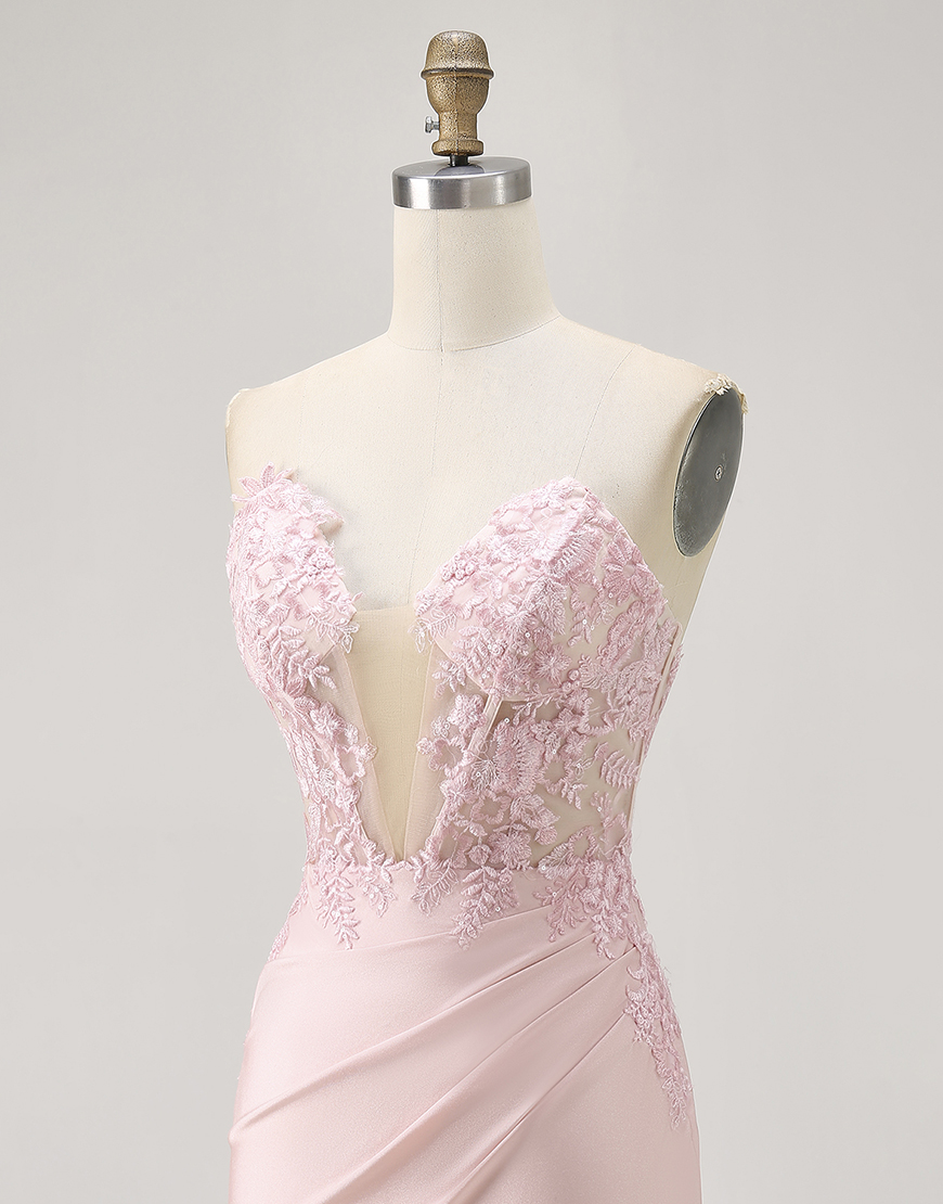 Blush Corset Satin Tight Floral Short Homecoming Dress with Lace