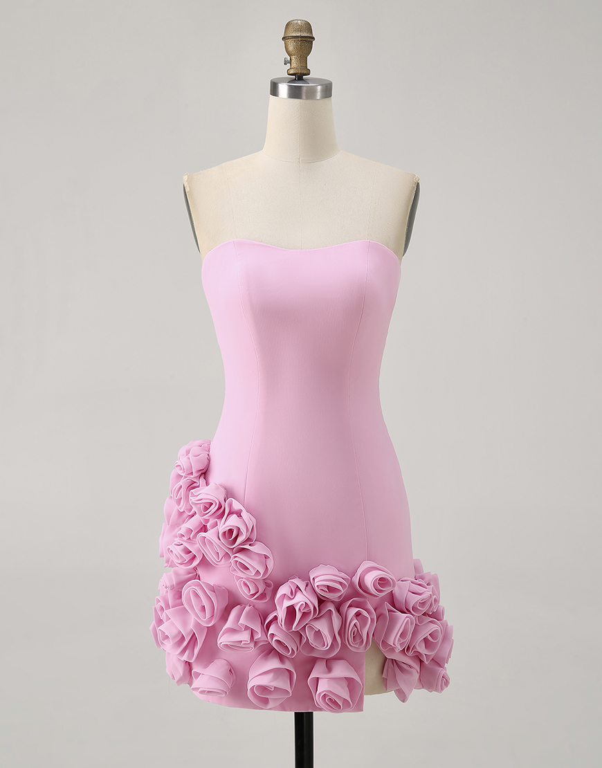 Pink Strapless Tight Satin Short Homecoming Dress with 3D Flowers