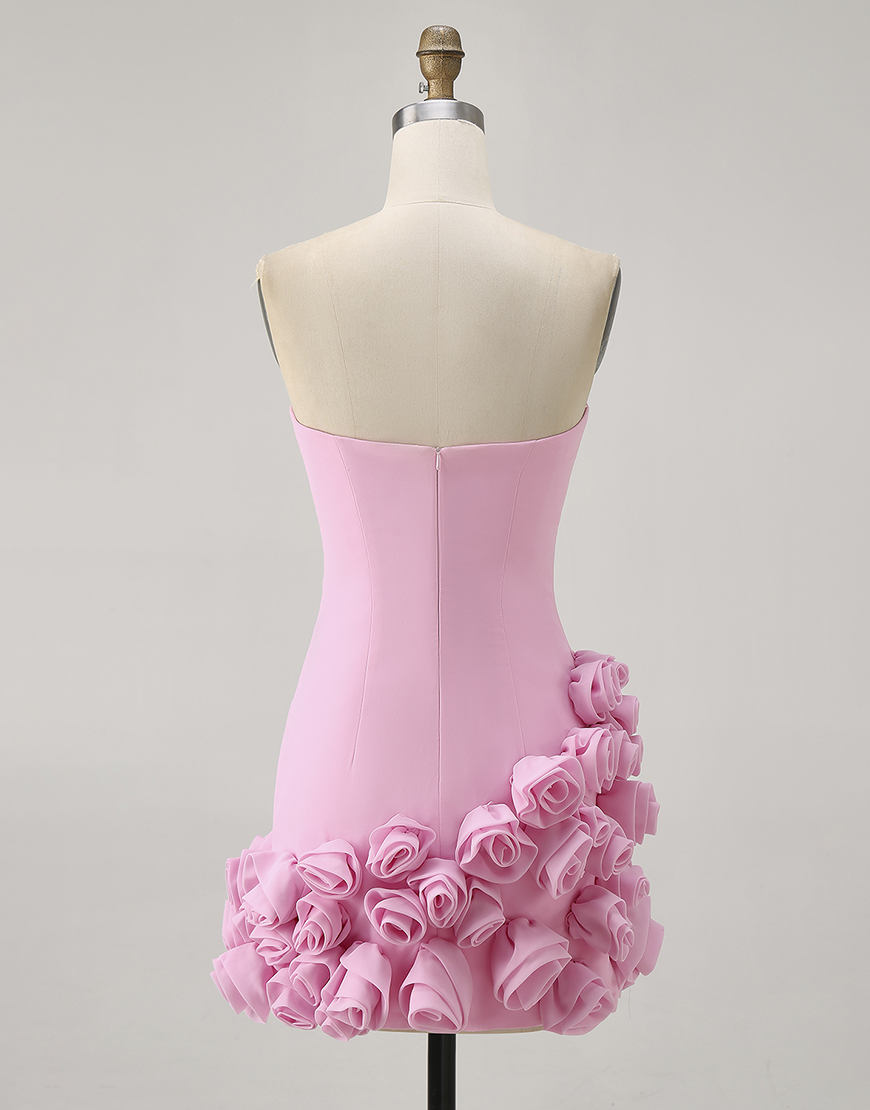 Pink Strapless Tight Satin Short Homecoming Dress with 3D Flowers