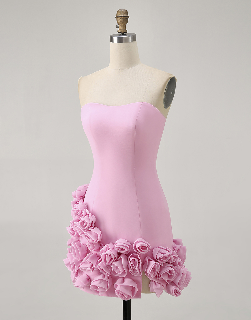 Pink Strapless Tight Satin Short Homecoming Dress with 3D Flowers